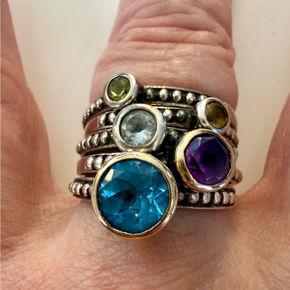 Sterling Silver & 14K Gold Gemstone Stacking Rings SetSize 7